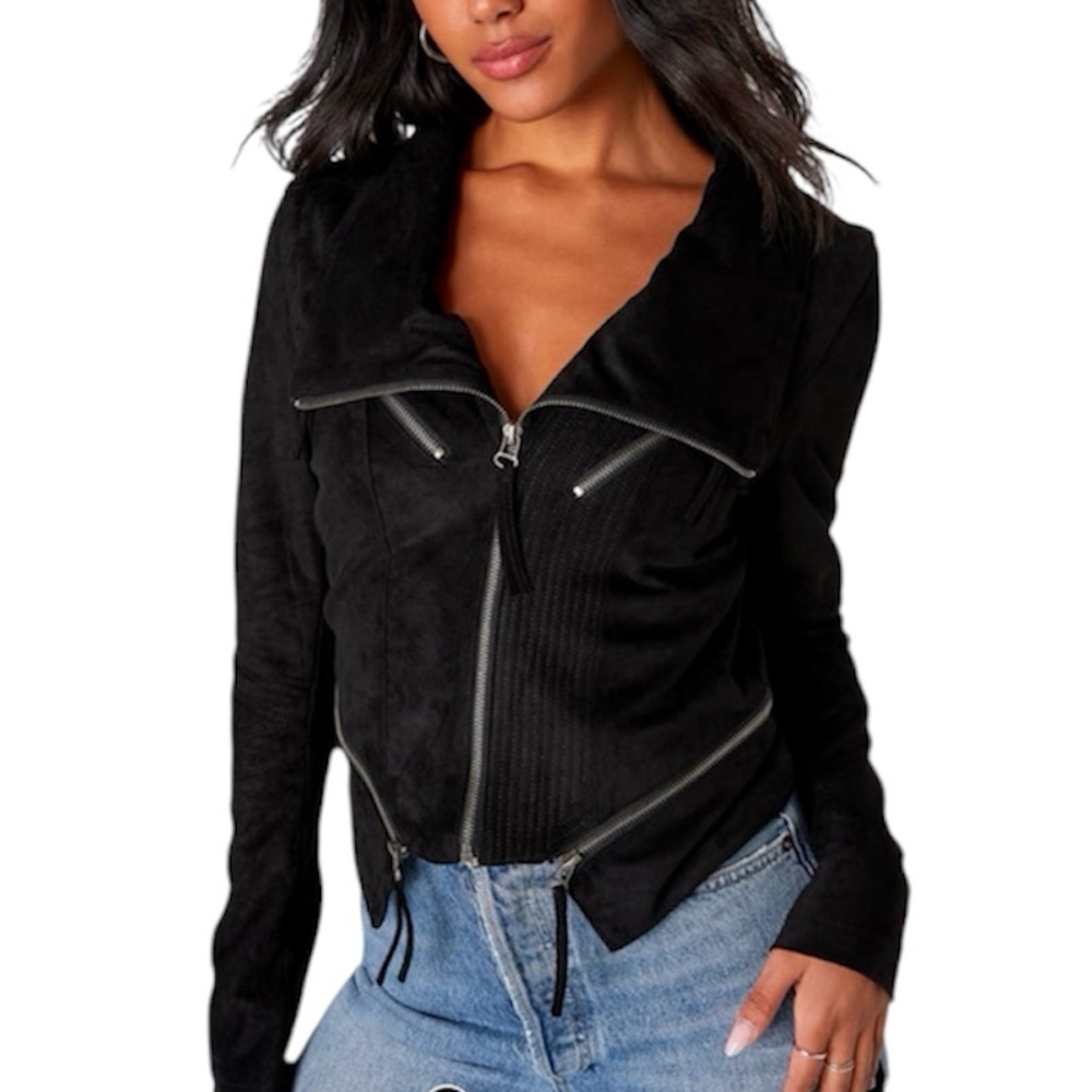 Lulu’s Ready For Anything Black Suede Moto Jacket Woman’s Size Medium